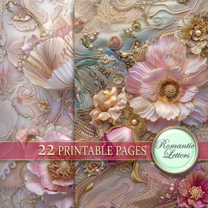 May include: A digital paper pack with 22 printable pages featuring a floral design with pink and gold flowers, pearls, and intricate details. The text "Romantic Letters" is on the image.