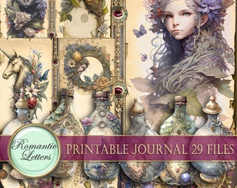 Magic printable junk journal kit printable journal pages card tag cover fantasy digital scrapbook witch spells botanical floral herbal PART2