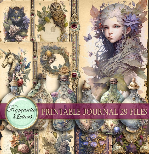 Magic printable junk journal kit printable journal pages card tag cover fantasy digital scrapbook witch spells botanical floral herbal PART2
