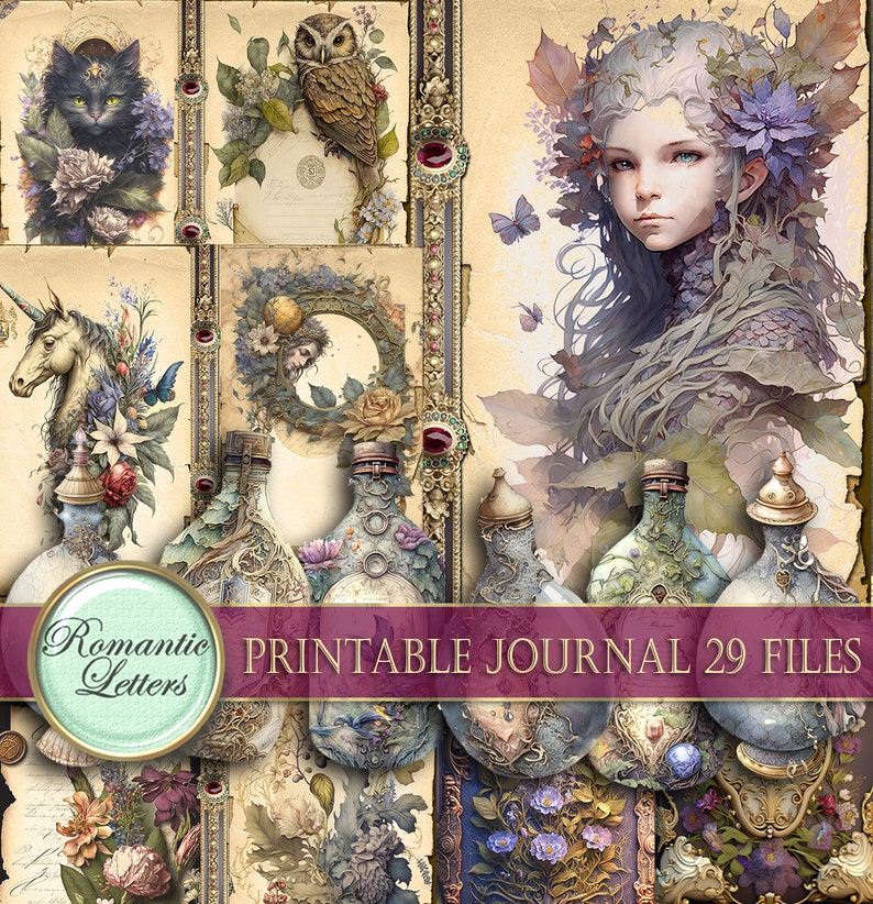 May include: A digital collage featuring vintage-style illustrations. The artwork includes a portrait of a woman, a black cat, an owl, a unicorn, and decorative bottles. The text "Romantic Letters" and "Printable Journal 29 Files" are also visible.