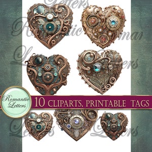 May include: Ten digital clipart images of ornate, steampunk-style heart designs. Each heart is made of metal with gears, cogs, and intricate details. The hearts are in shades of gold, copper, and turquoise.