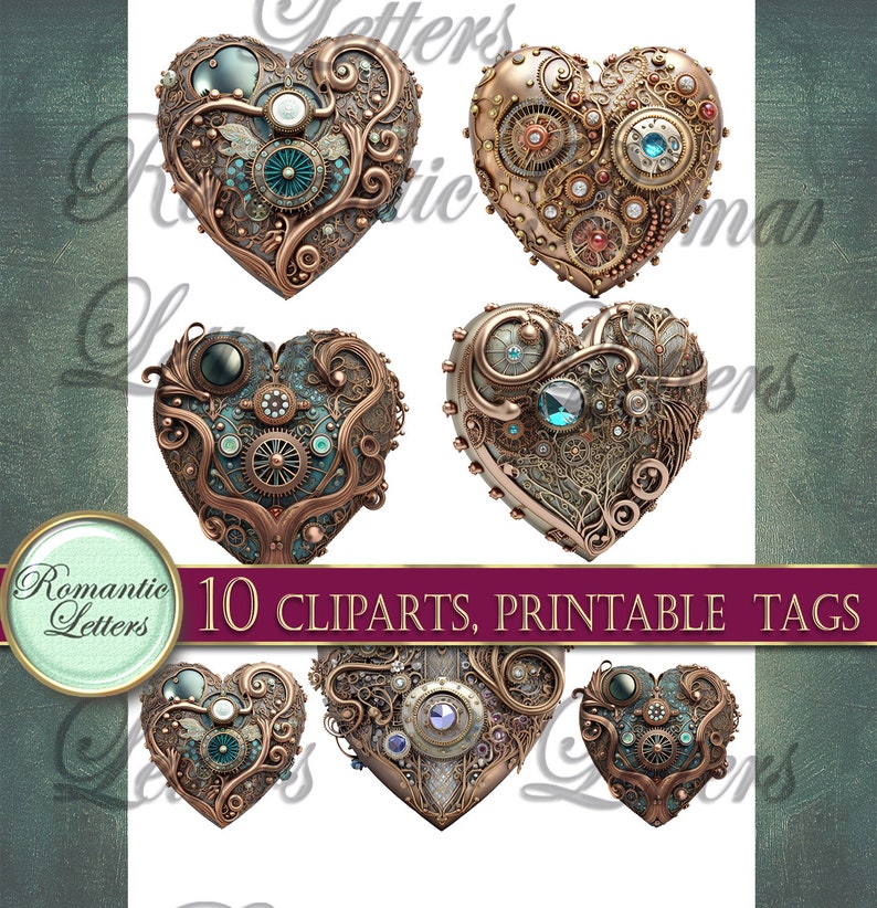 May include: Ten digital clipart images of ornate, steampunk-style heart designs. Each heart is made of metal with gears, cogs, and intricate details. The hearts are in shades of gold, copper, and turquoise.