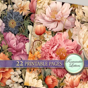Pu&ograve; includere: Un download digitale di 22 pagine stampabili con un motivo floreale con fiori rosa, bianchi e arancioni. Il testo "Romantic Letters" si trova nell'angolo in basso a destra dell'immagine.