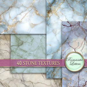May include: A collage of 40 blue and white marble stone textures. The image includes the text "40 STONE TEXTURES" and "Romantic Letters".