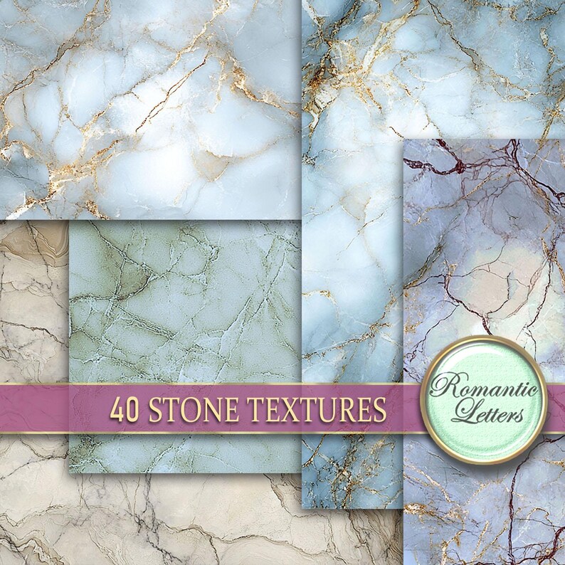 May include: A collage of 40 blue and white marble stone textures. The image includes the text "40 STONE TEXTURES" and "Romantic Letters".