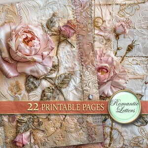 May include: A set of 22 printable pages featuring delicate floral designs with a vintage aesthetic. The pages feature intricate embroidery, lace, and roses in shades of pink and cream. The text "Romantic Letters" is displayed on a green circle.