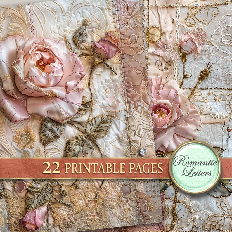 May include: A set of 22 printable pages featuring delicate floral designs with a vintage aesthetic. The pages feature intricate embroidery, lace, and roses in shades of pink and cream. The text "Romantic Letters" is displayed on a green circle.