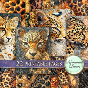 Puede incluir: Una hoja de collage digital con 22 páginas imprimibles con un tema de estampado de leopardo. El collage incluye imágenes de leopardos, acentos dorados y una variedad de texturas. El texto "22 páginas imprimibles" y "Letras románticas" está incluido en el collage.