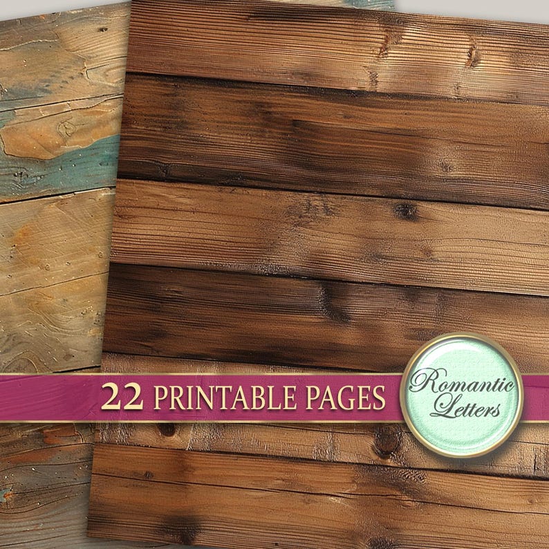 May include: A digital download of 22 printable pages featuring a rustic wood grain background. The text "22 Printable Pages" is displayed in white on a burgundy ribbon. A circular logo with the text "Romantic Letters" is in the bottom right corner.
