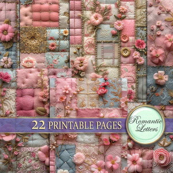 Digital printable scrapbook paper pack newborn album background paper Patchwork fabric texture stitched  backdrop printable craft paper rose