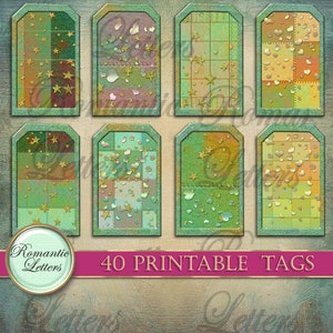 May include: Set of 8 printable gift tags with a patchwork design featuring gold stars and hearts on a green, blue, and brown background. The tags are labeled "40 Printable Tags".