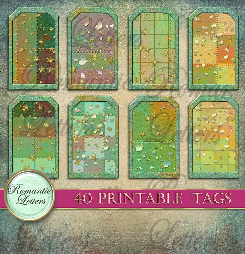 May include: Set of 8 printable gift tags with a patchwork design featuring gold stars and hearts on a green, blue, and brown background. The tags are labeled "40 Printable Tags".