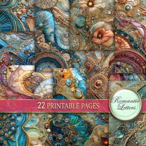 Paquete de papel para álbum de recortes imprimible digitalmente, tela de patchwork, páginas de diario basura boho, papel artesanal imprimible, papel bordado brillante y caprichoso