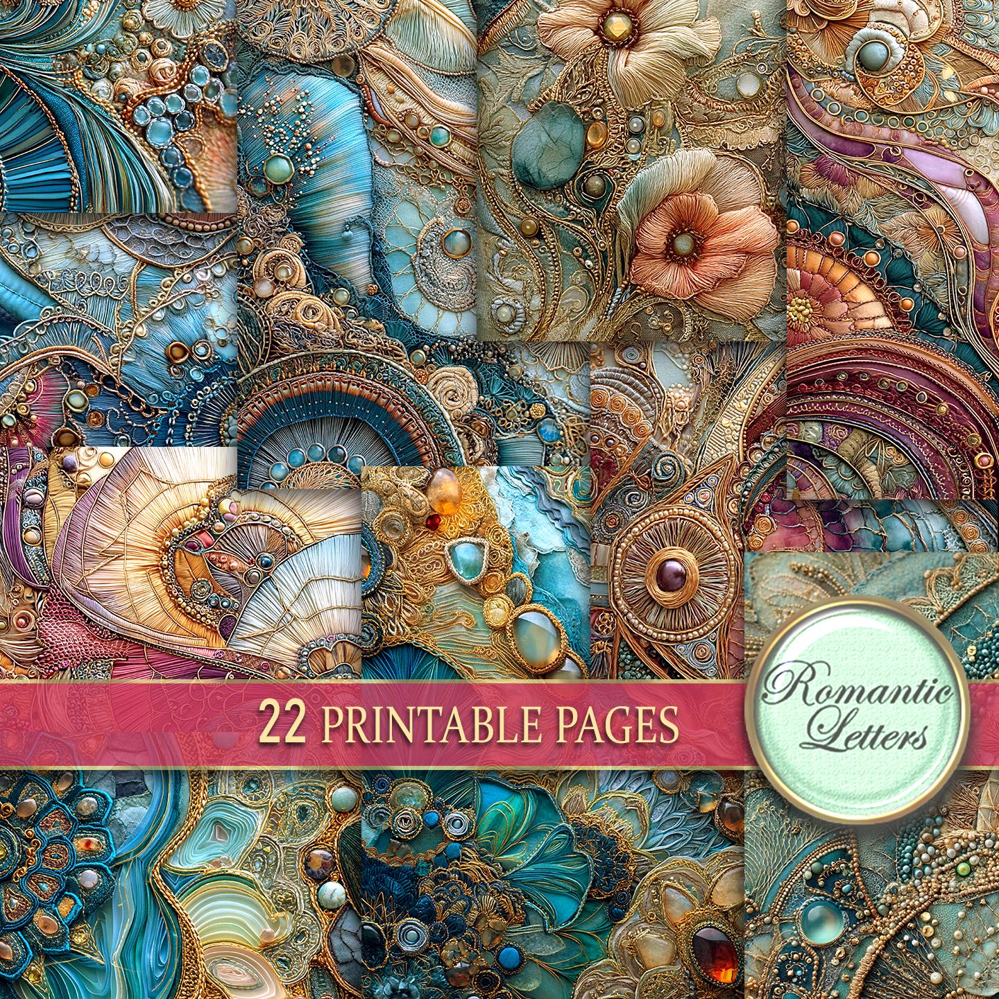 Digital printable scrapbook paper pack patchwork fabric bohemian junk journal pages printable craft paper embroidery bright whimsical paper
