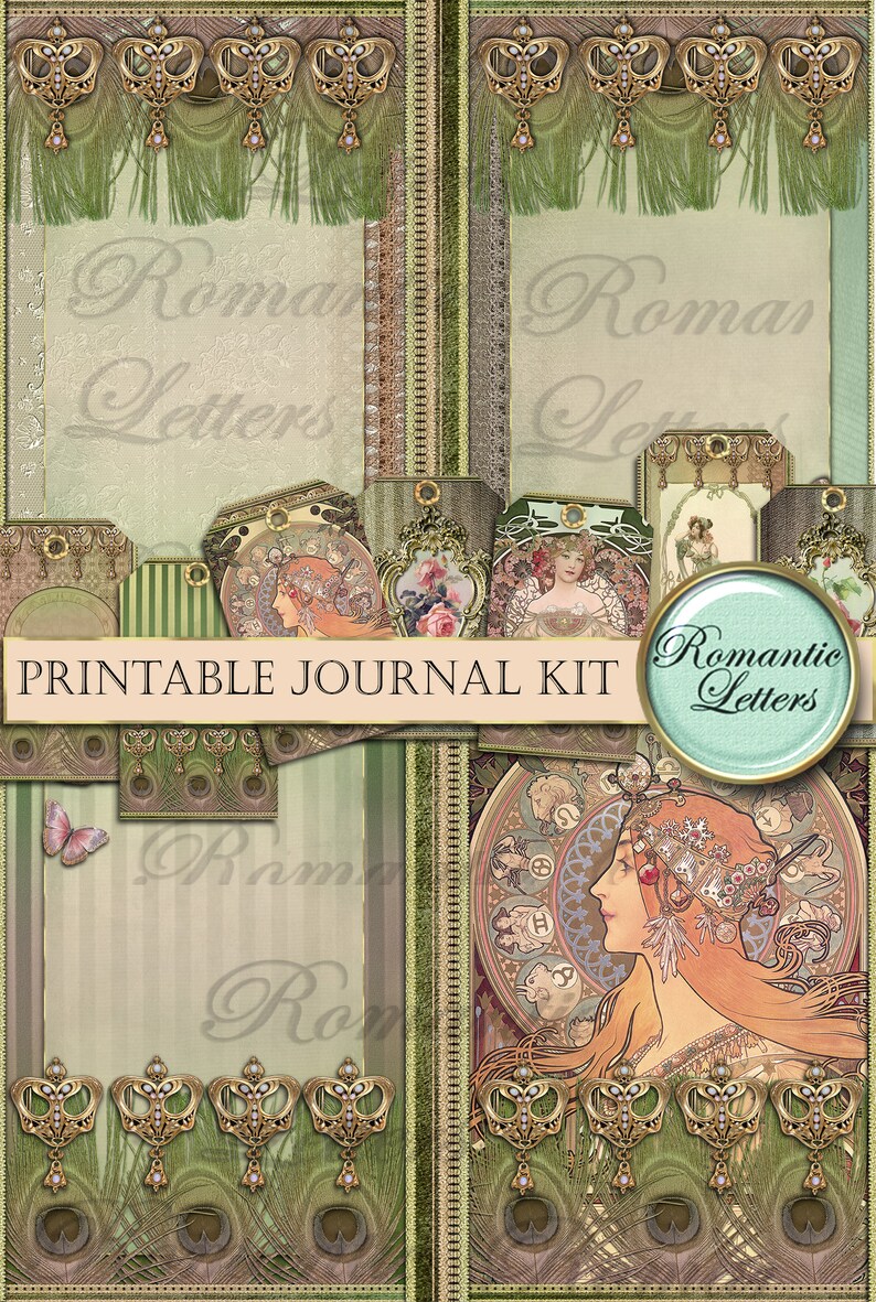 Pode incluir: Kit de di&aacute;rio imprim&iacute;vel com um esquema de cores verde, dourado e marrom. O kit inclui v&aacute;rios elementos decorativos, como um padr&atilde;o de penas de pav&atilde;o, um retrato de mulher e um design floral. O texto "Cartas rom&acirc;nticas" e "Kit de di&aacute;rio imprim&iacute;vel" est&aacute; inclu&iacute;do na imagem.