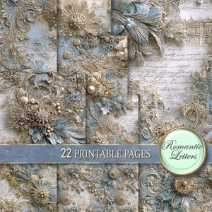 Könnte beinhalten: Eine Sammlung von 22 bedruckbaren Seiten im Vintage-Stil. Das Design zeigt geprägte Blumen- und Scrollmuster in Gold, Blau und Creme. Die Wörter "22 PRINTABLE PAGES" und "Romantic Letters" sind sichtbar, was ein romantisches Thema suggeriert.
