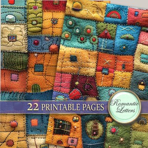 May include: A set of 22 printable pages featuring colorful patchwork designs with various textures and patterns. The pages are perfect for scrapbooking, card making, or other craft projects. The text "Romantic Letters" is visible in the image.