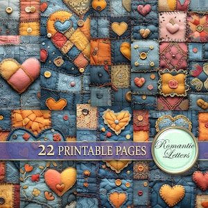 May include: A digital paper pack with 22 printable pages featuring a patchwork quilt design with hearts, buttons, and lace. The quilt is made of blue, orange, and brown fabric. The text "Romantic Letters" is on a blue circle.