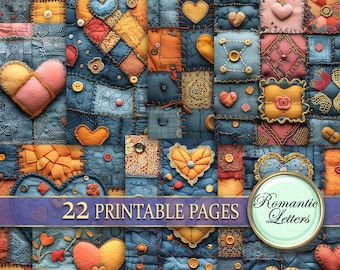 Patchwork digital printable scrapbook paper pack junk journal paper fabric stitched printable craft paper denim embroidery collage hearts