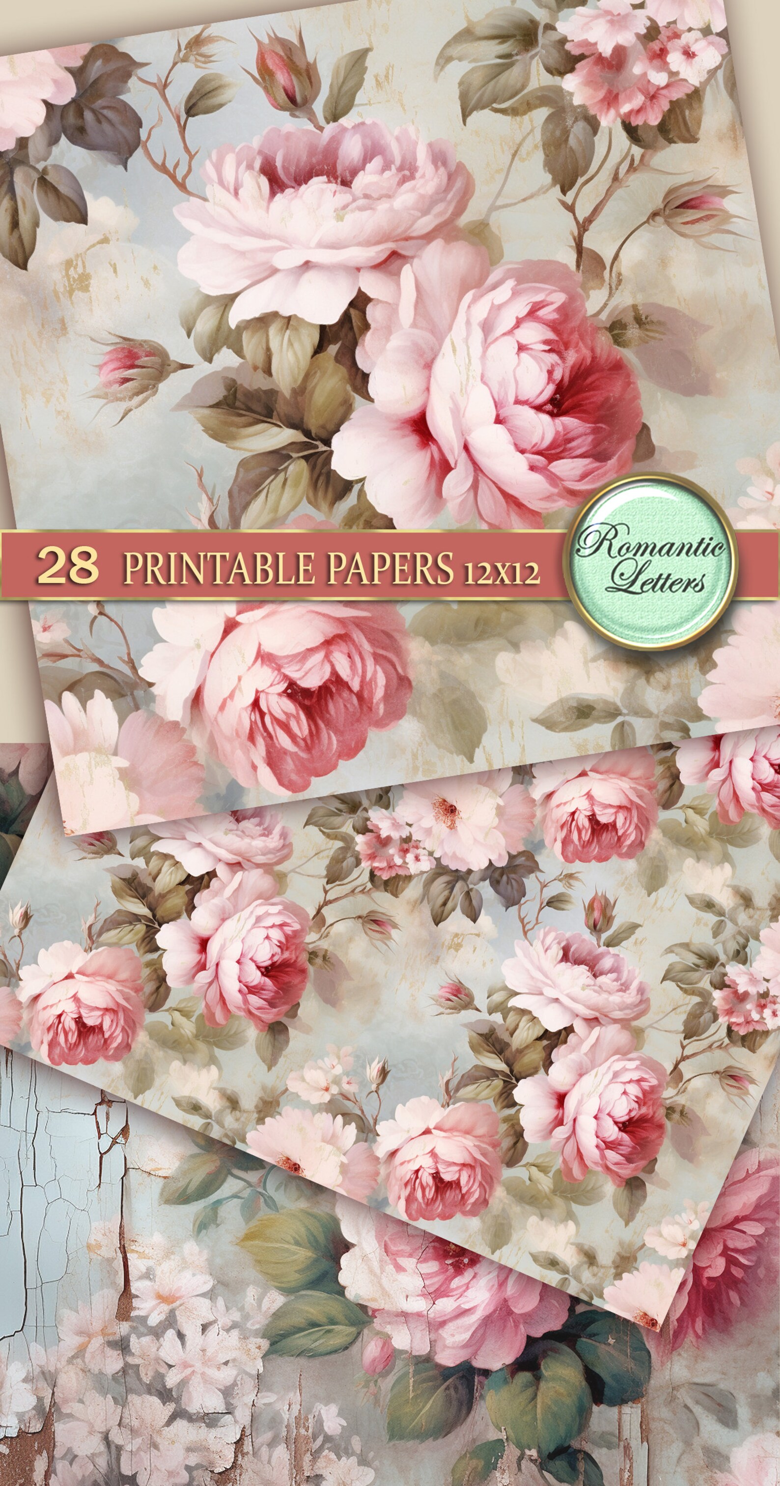 Shabby Chic Digital Scrapbooking Paper Pack Pink Floral Digital ...