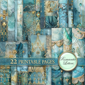 Wasserfarbe Digital bedruckbares Scrapbook Papier Papier Pack Junk Journal Seiten Patchwork druckbares Papier Decoupage Papier Gold Blau Shabby Chic