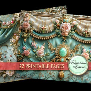 Puede incluir: P&aacute;ginas imprimibles digitales con tem&aacute;tica rom&aacute;ntica. La imagen presenta elementos decorativos ornamentados en color turquesa y dorado, incluyendo rosas, perlas y joyas. El texto en la imagen dice "22 p&aacute;ginas imprimibles" y "Cartas rom&aacute;nticas".