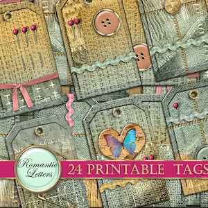 May include: 24 printable tags with a vintage, rustic theme. The tags feature a variety of textures, including burlap, lace, and stitching. Some tags have buttons, pins, and butterflies. The text "Romantic Letters" and "24 Printable Tags" are visible on the image.
