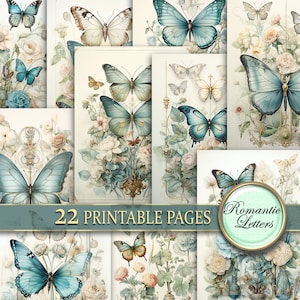 Confezione di carta per scrapbooking digitale Farfalle Shabby Chic fiore farfalla stampabile Pagine di diario botanico spazzatura Floreale vintage acquerello A4