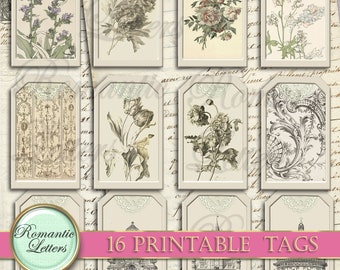 May include: Set of 16 printable tags featuring vintage illustrations of flowers, architectural details, and a decorative pattern. The tags are in a cream color with a light blue border and a delicate lace design.