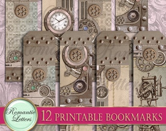 Printable Steampunk Bookmarks Set, Present Gift Tags for Book Lovers