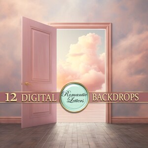 May include: A digital backdrop featuring a pink door opening to a sky with fluffy clouds. The door is open and the sky is visible through the doorway. The text "12 DIGITAL BACKDROPS" is at the bottom of the image.