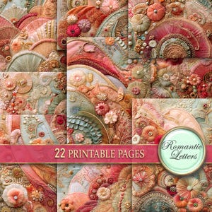 Pode incluir: Uma colagem de 22 páginas imprimíveis com intrincados desenhos de bordado em tons de rosa, pêssego e creme. Os desenhos incluem flores, espirais e padrões geométricos. O texto "Romantic Letters" é visível no canto inferior direito.