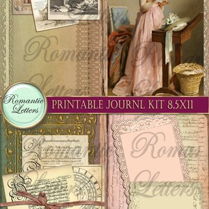 May include: Printable journal kit with a vintage aesthetic. The kit includes images of a woman reading a letter, a musical score, and a decorative frame. The kit is 8.5 inches by 11 inches.