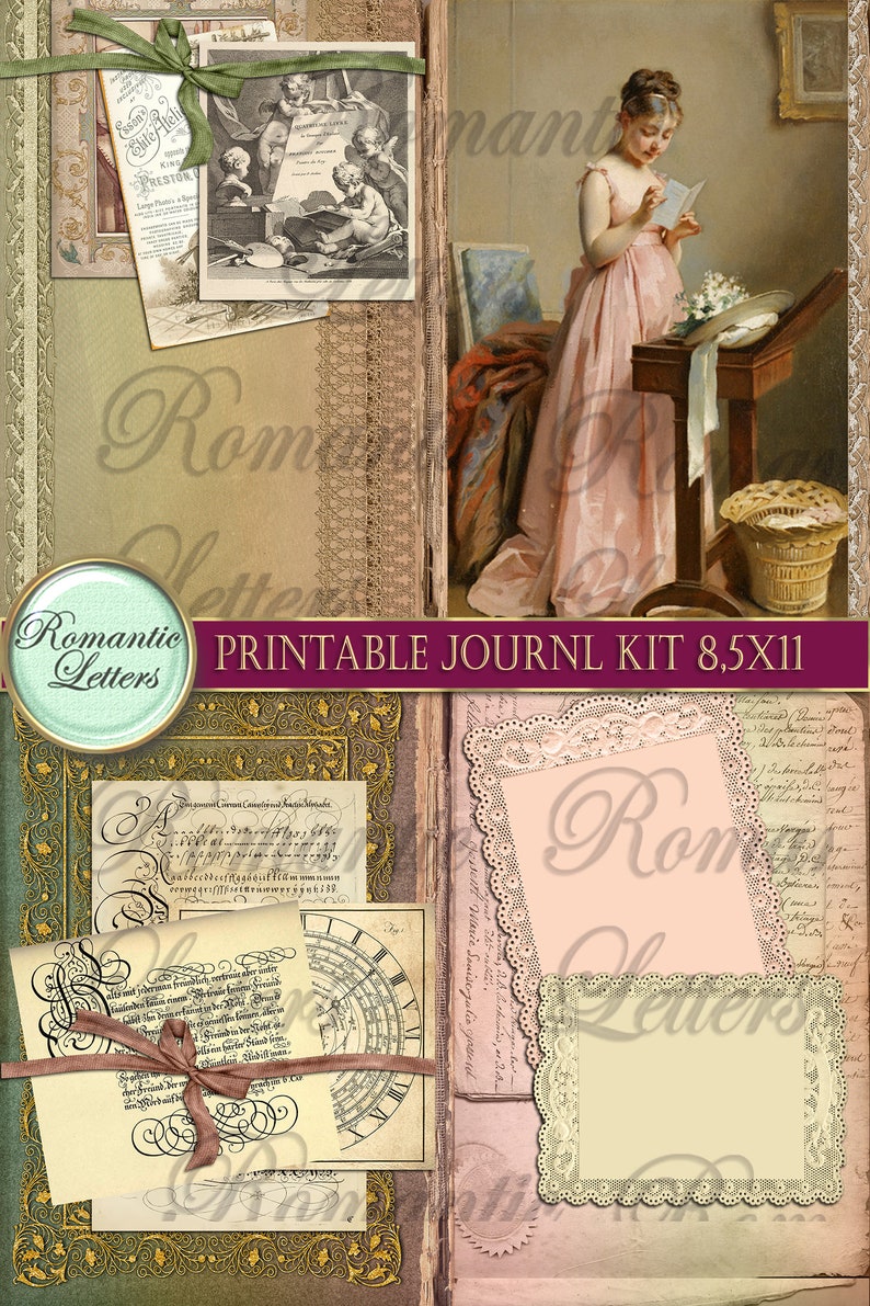 May include: Printable journal kit with a vintage aesthetic. The kit includes images of a woman reading a letter, a musical score, and a decorative frame. The kit is 8.5 inches by 11 inches.