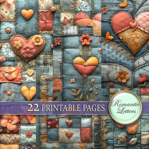May include: A patchwork design featuring various squares in shades of blue, orange, and cream. The design includes embroidered hearts, flowers, and decorative stitching. The text "22 PRINTABLE PAGES" is displayed across the image, along with a circular logo that says "Romantic Letters".