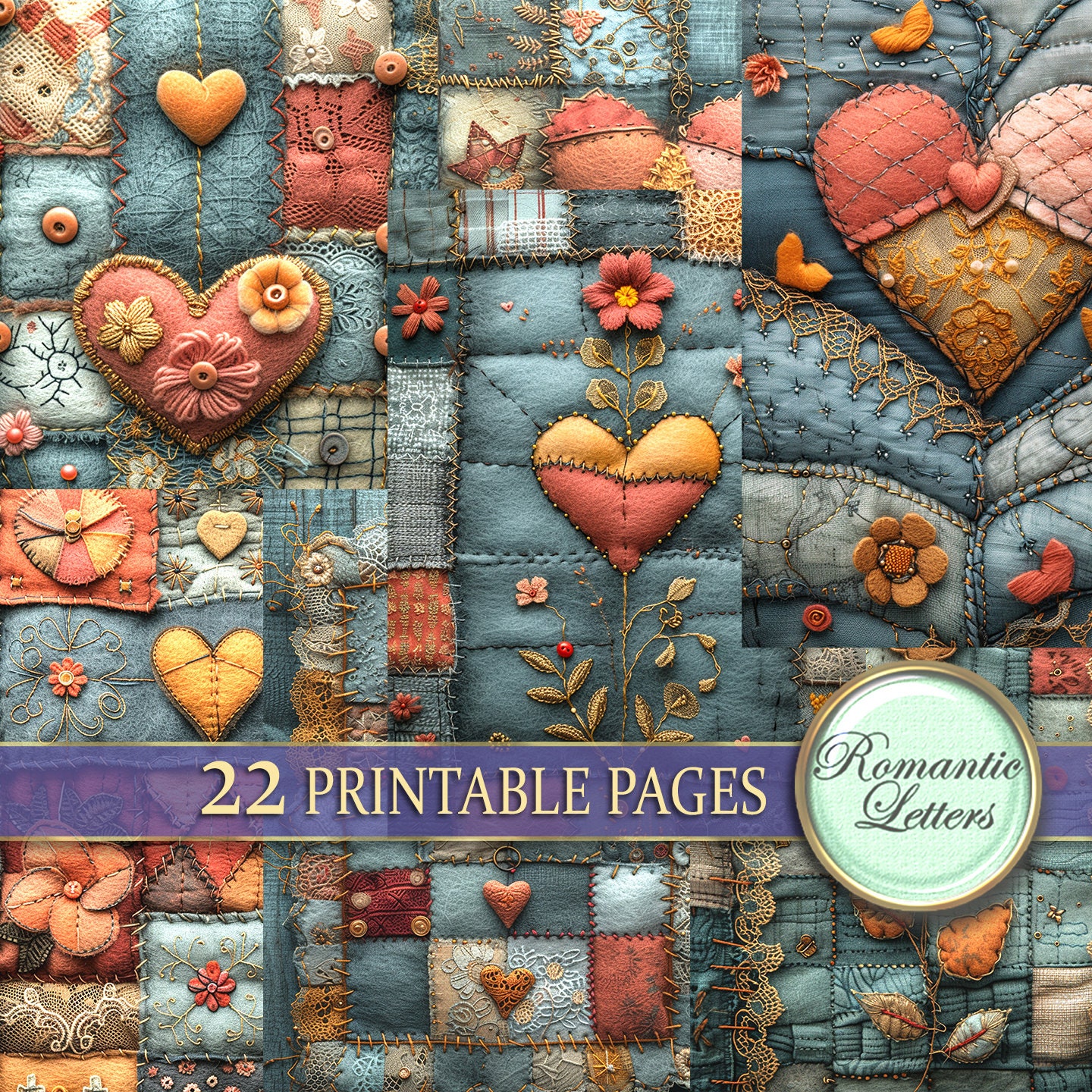Valentine heart digital printable scrapbook paper pack junk journal paper Patchwork fabric stitched printable craft paper denim embroidery
