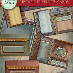 Op de afbeelding: Printbare enveloppen en kaarten met een steampunk-thema. De ontwerpen bevatten roestig metaal, tandwielen en klinknagels. De enveloppen hebben een venster voor adressering. De kaarten hebben een verscheidenheid aan ontwerpen, waaronder een luchtballon, een kompas en een klok.