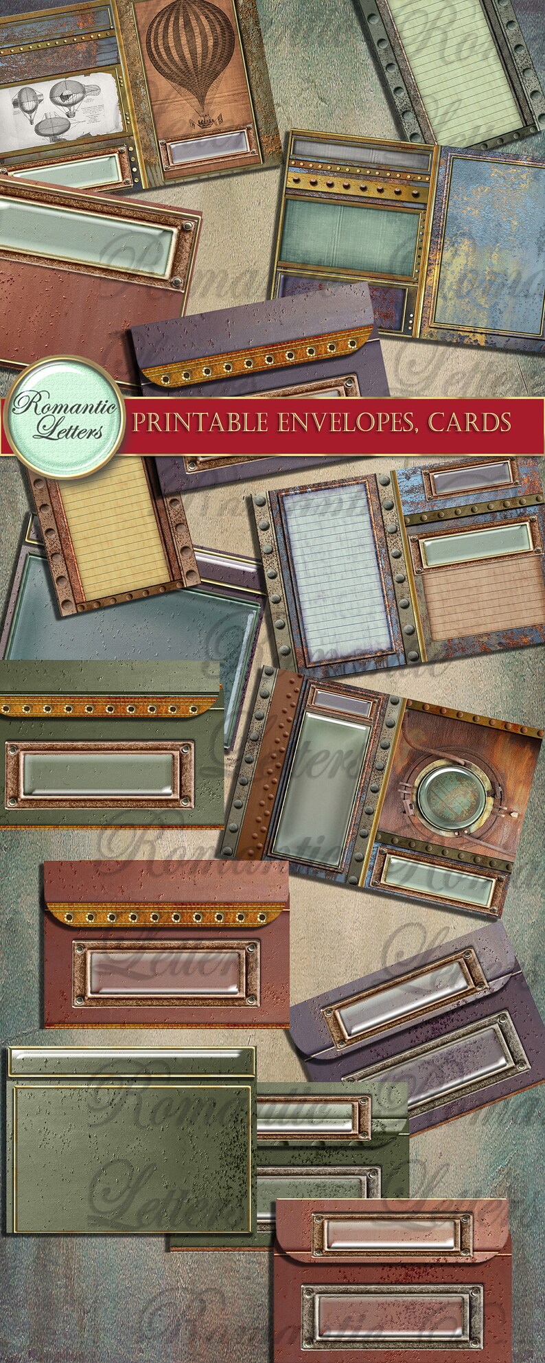 Op de afbeelding: Printbare enveloppen en kaarten met een steampunk-thema. De ontwerpen bevatten roestig metaal, tandwielen en klinknagels. De enveloppen hebben een venster voor adressering. De kaarten hebben een verscheidenheid aan ontwerpen, waaronder een luchtballon, een kompas en een klok.