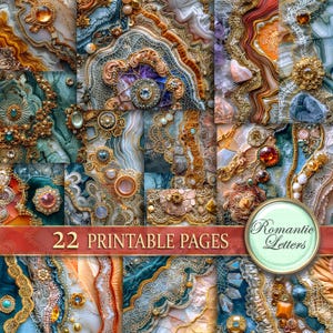 May include: A collection of 22 printable pages showcasing elaborate designs in jewel tones. The pages feature intricate patterns with gold, teal, orange, and purple accents. The text "22 PRINTABLE PAGES" is on a red banner, and a circular logo reads "Romantic Letters."