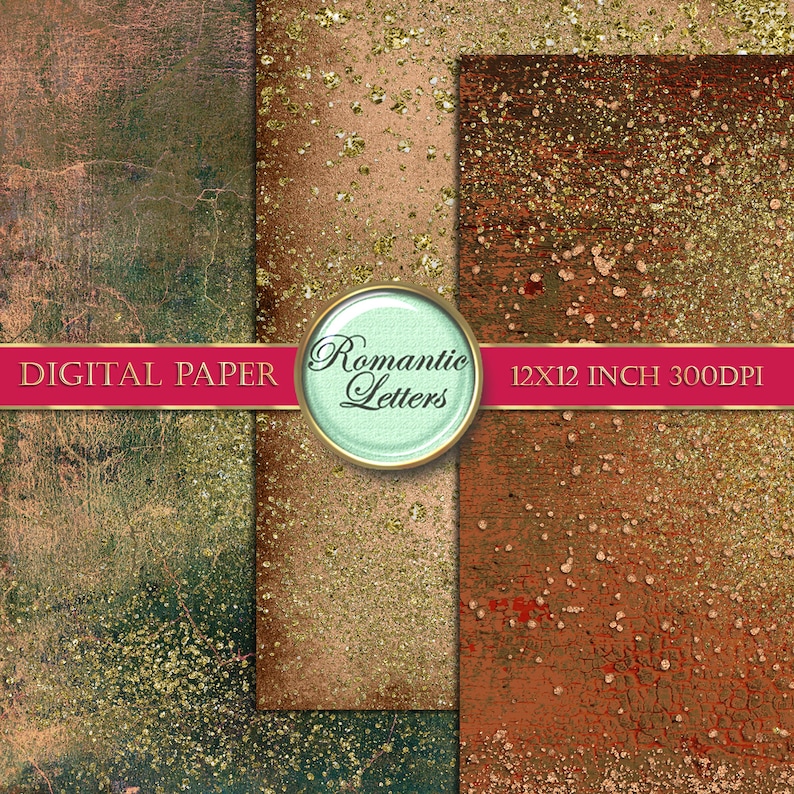 Puede incluir: Tres texturas de papel digital con un aspecto desgastado y envejecido. Los papeles presentan un fondo verde, marr&oacute;n y rojo con acentos de purpurina dorada. Los papeles miden 30,5 x 30,5 cm y 300 DPI.  "Romantic Letters" est&aacute; escrito en una etiqueta.