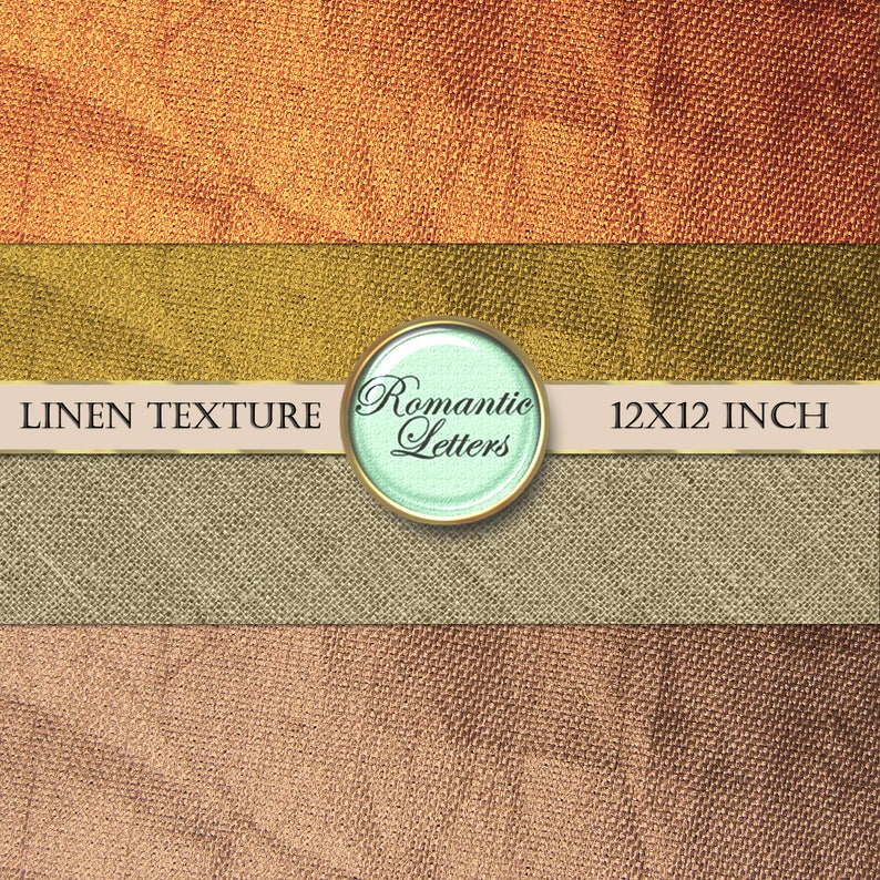 Peut inclure: Quatre textures de lin diff&eacute;rentes en orange, or, beige et marron. Les textures sont dispos&eacute;es en bandes horizontales. Le texte "Linen Texture" et "Romantic Letters" est visible sur l'image. Le texte "12X12 INCH" est &eacute;galement visible sur l'image.