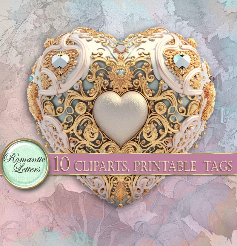 May include: A white heart with gold filigree and a smaller white heart in the center. The heart is surrounded by a floral pattern and has a pink and blue background.