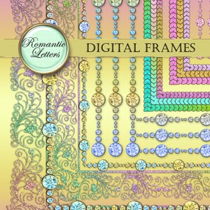 May include: A set of digital frames featuring various designs with a glitter effect. The frames include a floral design, a row of round jewels, and a row of sequins. The text "Romantic Letters" and "Digital Frames" is included in the image.