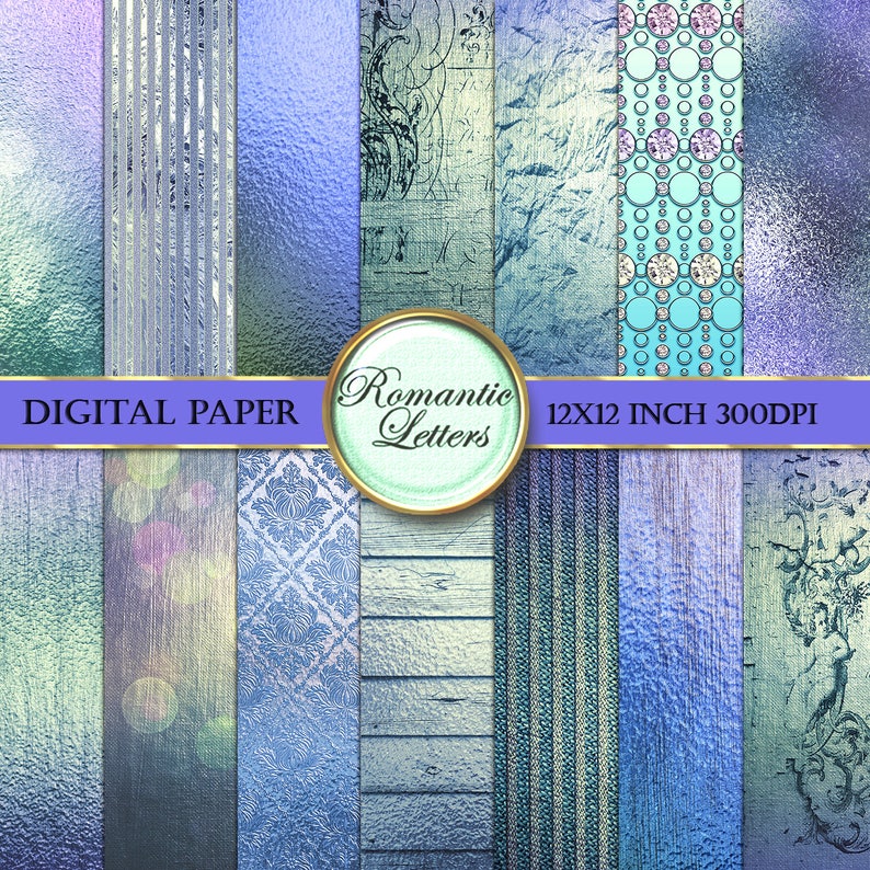 May include: A set of 12 digital papers in blue, teal, and white with various patterns, including wood grain, stripes, and polka dots. The papers are 12x12 inches and 300 DPI. The text "Romantic Letters" is in a circle on the image.