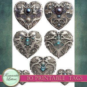 May include: Ten printable tags featuring ornate silver heart designs with intricate details and blue and black gemstones. The tags are perfect for adding a touch of elegance to gifts, favors, or crafts.