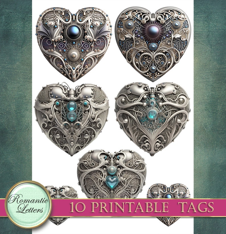 May include: Ten printable tags featuring ornate silver heart designs with intricate details and blue and black gemstones. The tags are perfect for adding a touch of elegance to gifts, favors, or crafts.