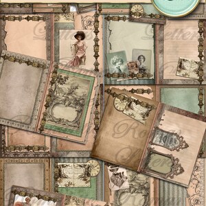 May include: A printable journal kit with a vintage aesthetic. The kit includes 20 pages with various designs, including floral patterns, ornate frames, and antique-looking paper textures. The pages are perfect for journaling, scrapbooking, or crafting.