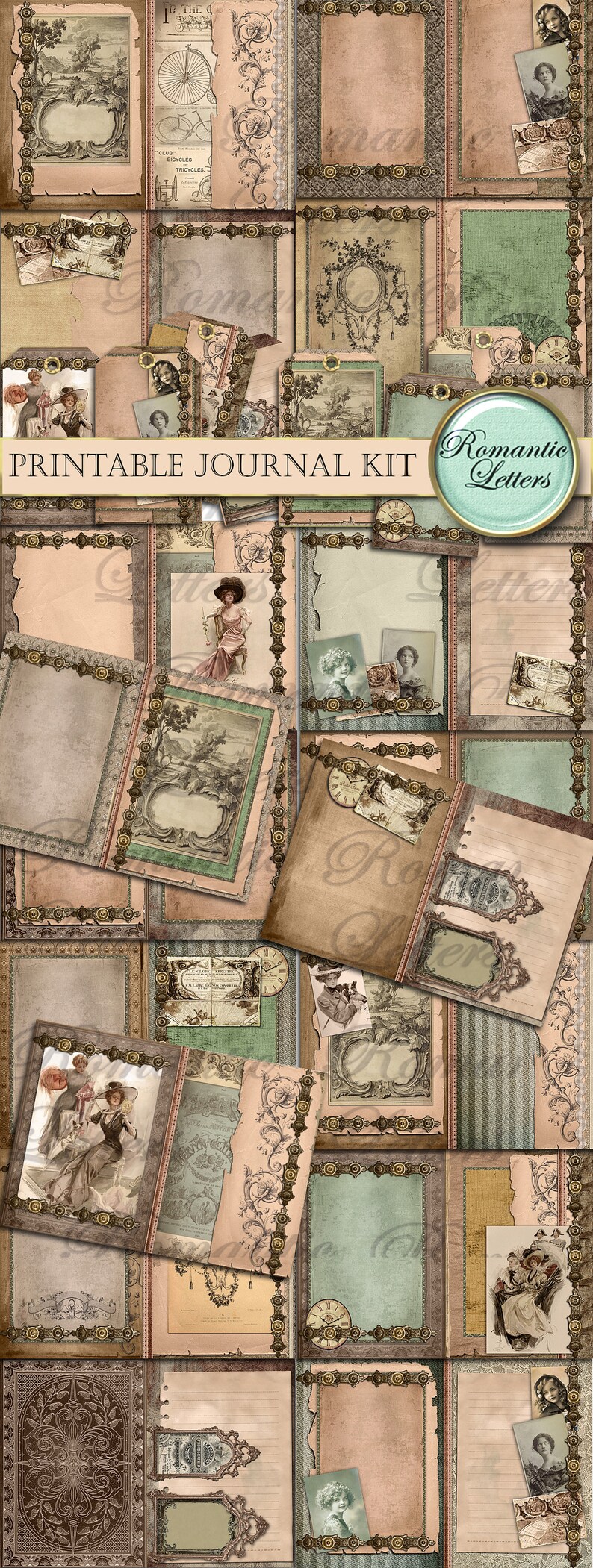 May include: A printable journal kit with a vintage aesthetic. The kit includes 20 pages with various designs, including floral patterns, ornate frames, and antique-looking paper textures. The pages are perfect for journaling, scrapbooking, or crafting.
