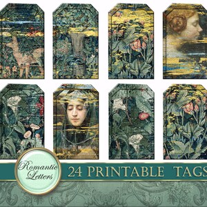May include: Set of 24 printable tags featuring vintage tapestry designs. The tags are rectangular with rounded corners and feature images of flowers, foliage, and a woman's face.