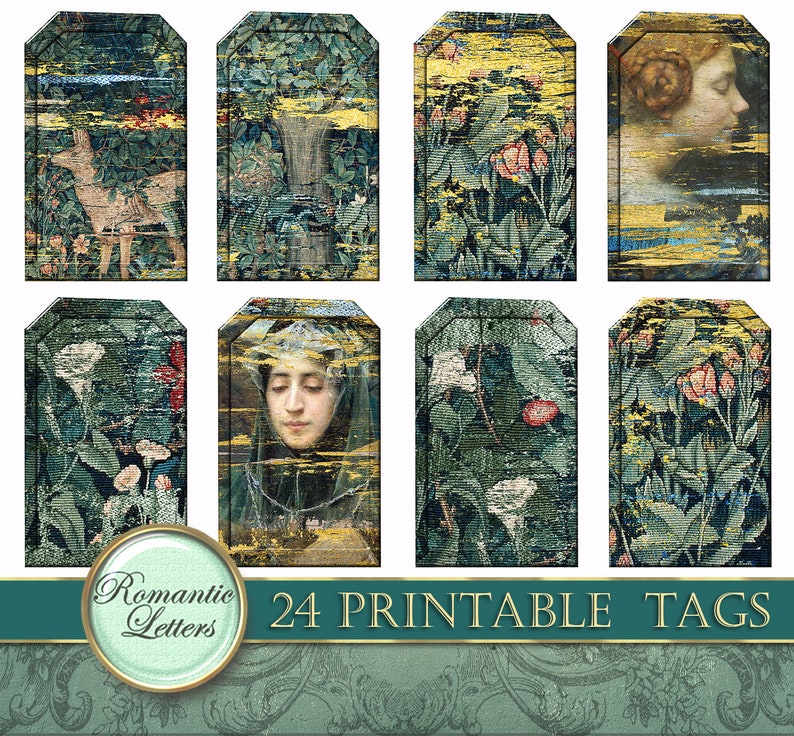 May include: Set of 24 printable tags featuring vintage tapestry designs. The tags are rectangular with rounded corners and feature images of flowers, foliage, and a woman's face.